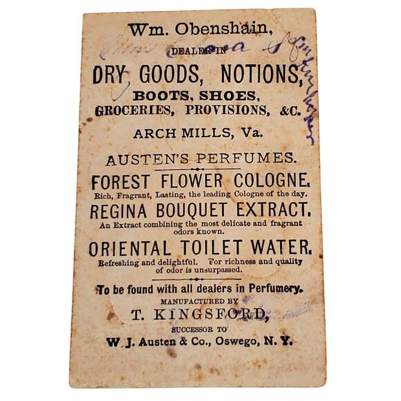 1889 Austen's Forest Flower Cologne Kingsford WM Obenshain Dry Goods Arch Mills - Picture 2 of 4